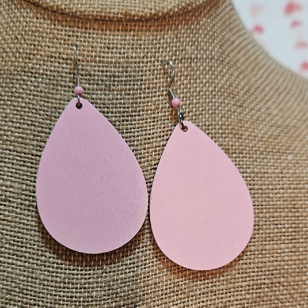Light Pink Teardrop Wooden Earrings, Hand Crafted.